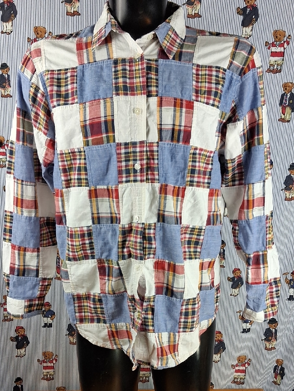 Women's Med Patchwork Plaid & Denim Long Sleeve Lightweight Button Up Shirt